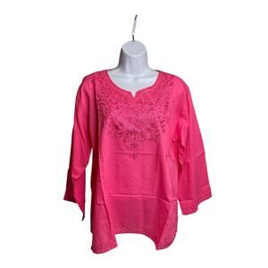 Pink Indian Cotton Embroidered Kurti Tunic‎ Size XXL Flowy Art To Wear Lagenlook